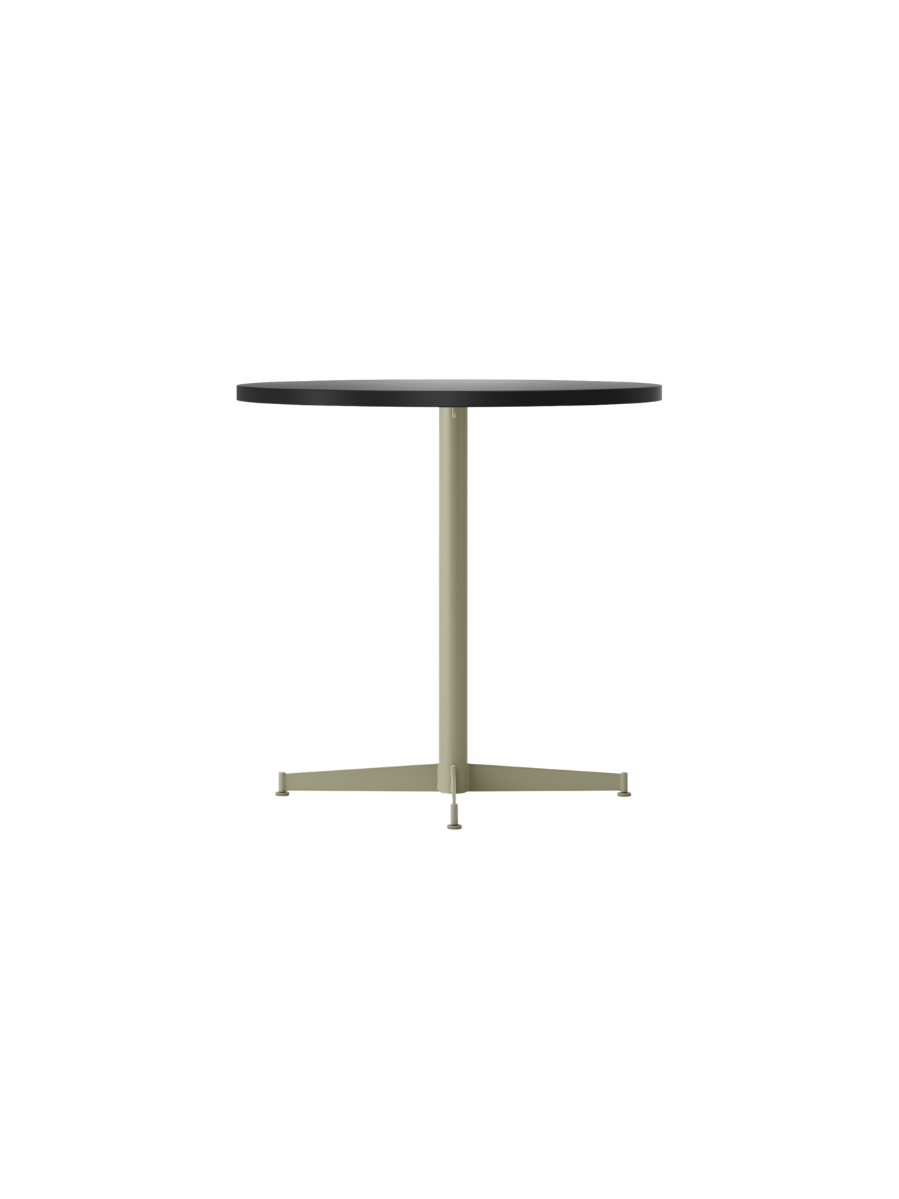 Angle view of the Nook Dining Table with a round, dark tabletop and an olive four-star pedestal base.