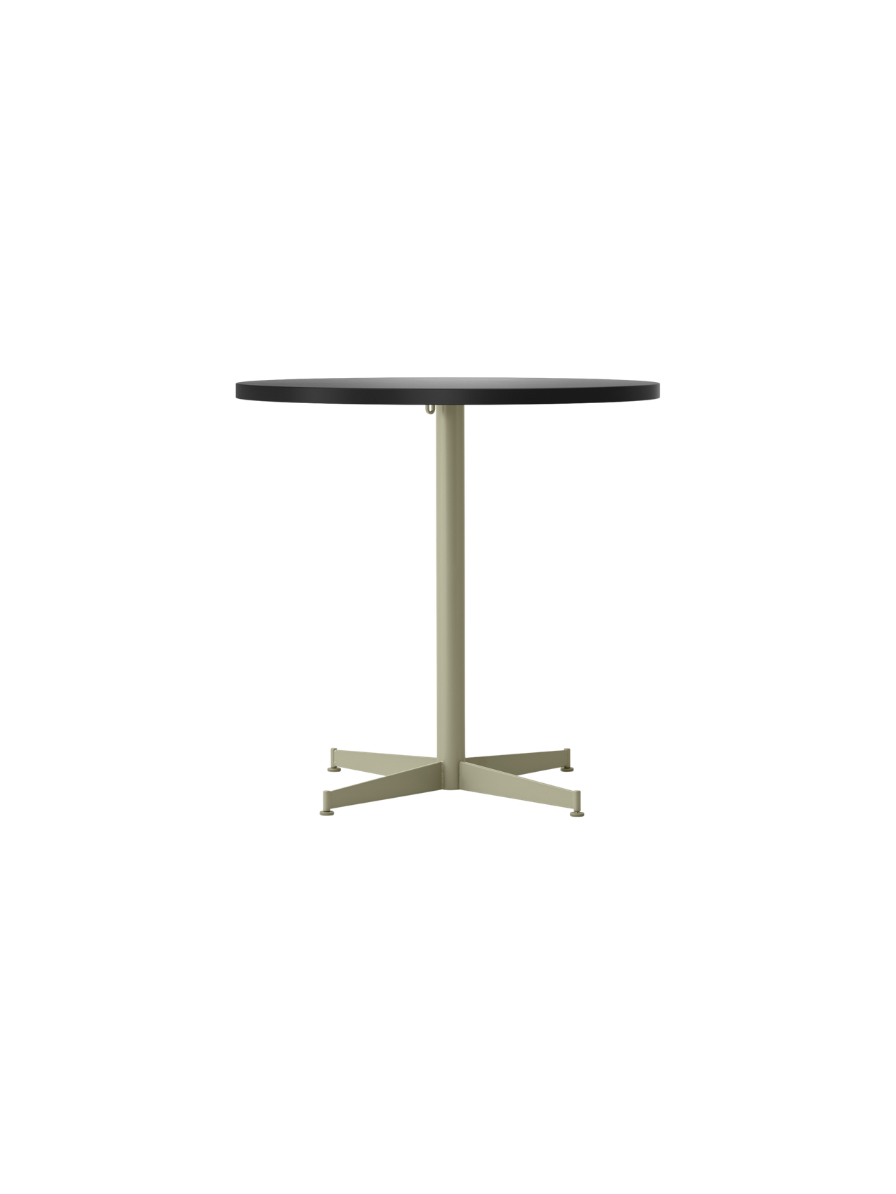 Front view of the Nook Dining Table, featuring a dark grey round top and an olive-coloured, four-star pedestal base.