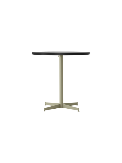 Front view of the Nook Dining Table, featuring a dark grey round top and an olive-coloured, four-star pedestal base.
