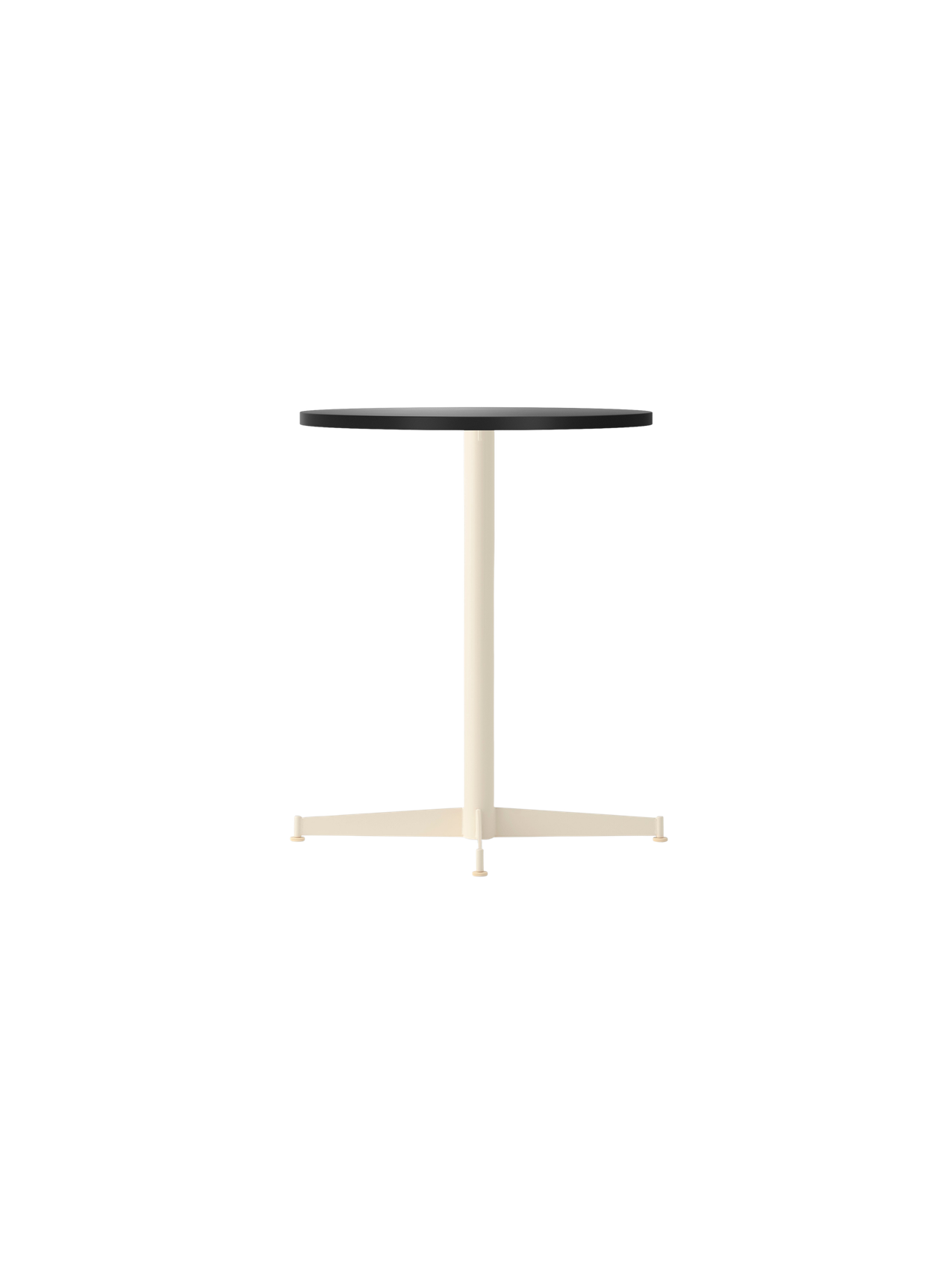 Angle view of the Nook Dining Table with a round charcoal linoleum top and a slim, ivory powder-coated steel four-star base.