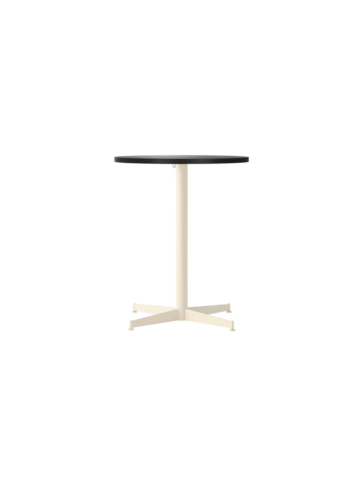 Front view of the Nook Dining Table with a round charcoal linoleum top and an ivory powder-coated steel four-star base.