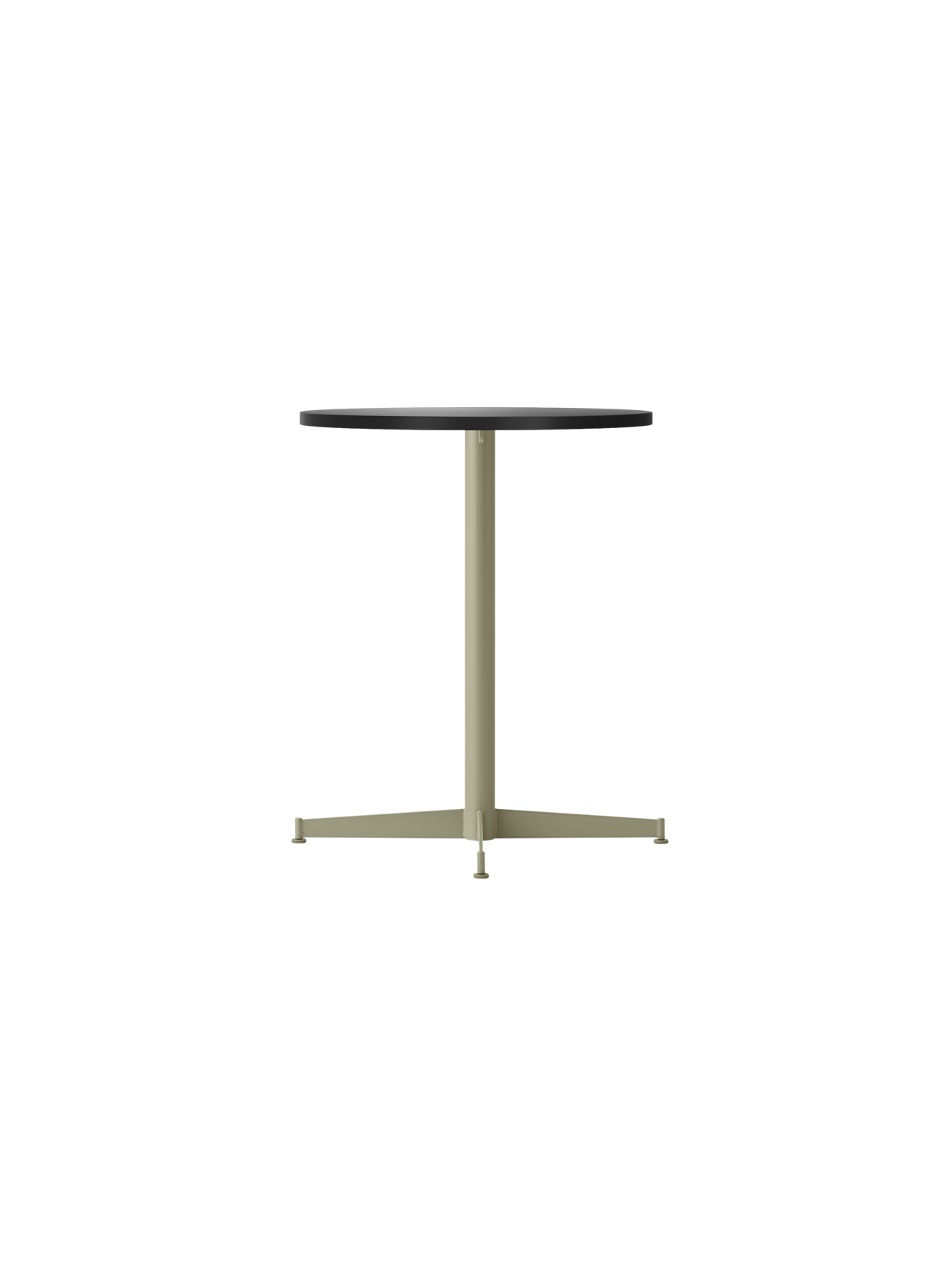 An angled view of the Nook Dining Table, featuring a round charcoal linoleum top and a slim, olive-coloured four-star base.