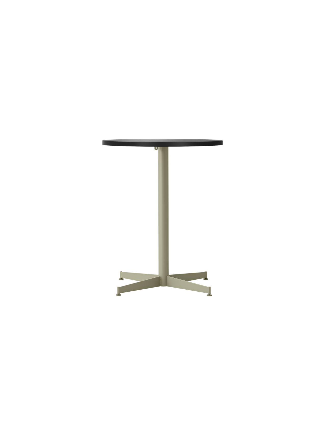 Front view of the Nook Dining Table with a round, charcoal linoleum top and a slim, olive green four-star steel base.