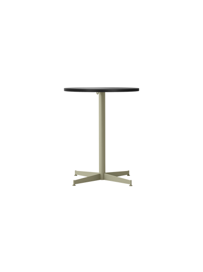 Front view of the Nook Dining Table with a round, charcoal linoleum top and a slim, olive green four-star steel base.