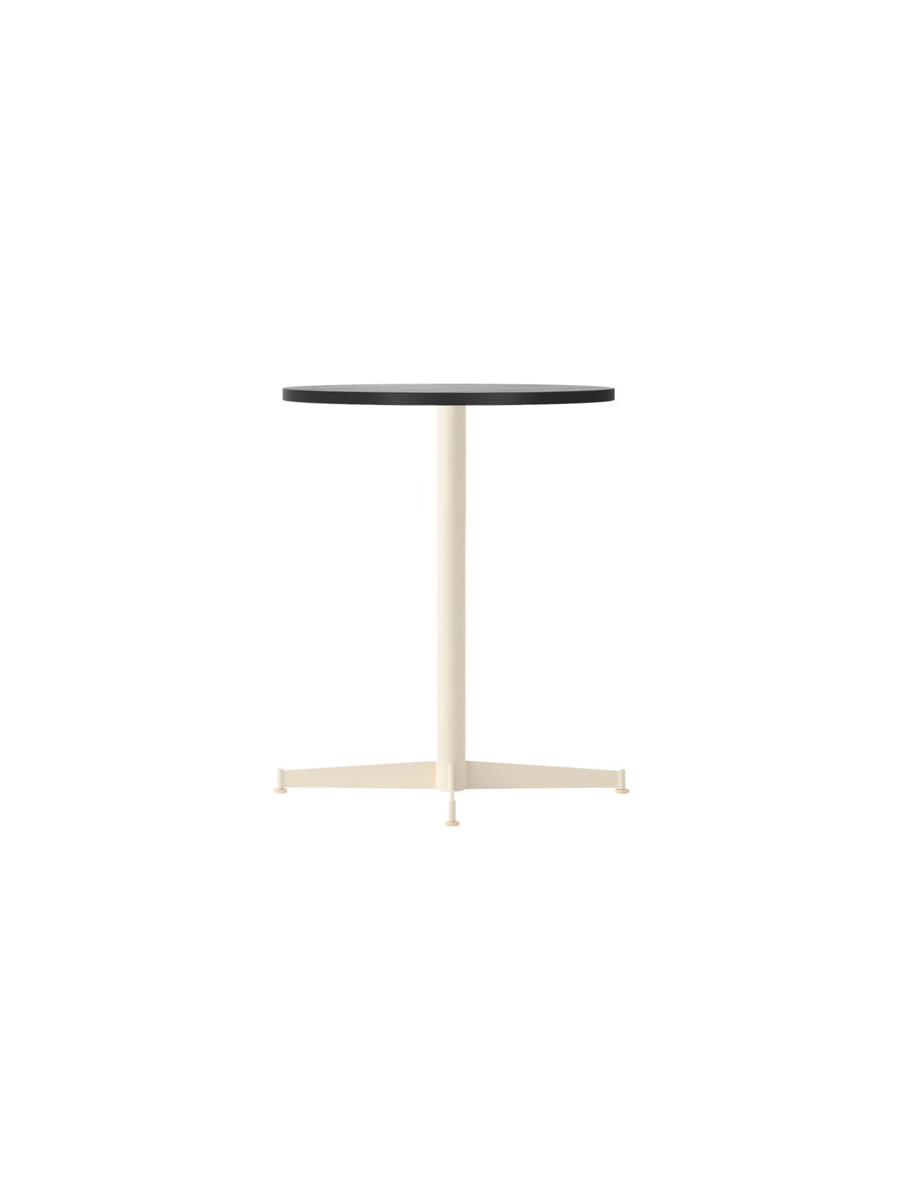 The Nook Dining Table, shown at an angle, featuring a circular black oak veneer top and a slim, four-star base in ivory.