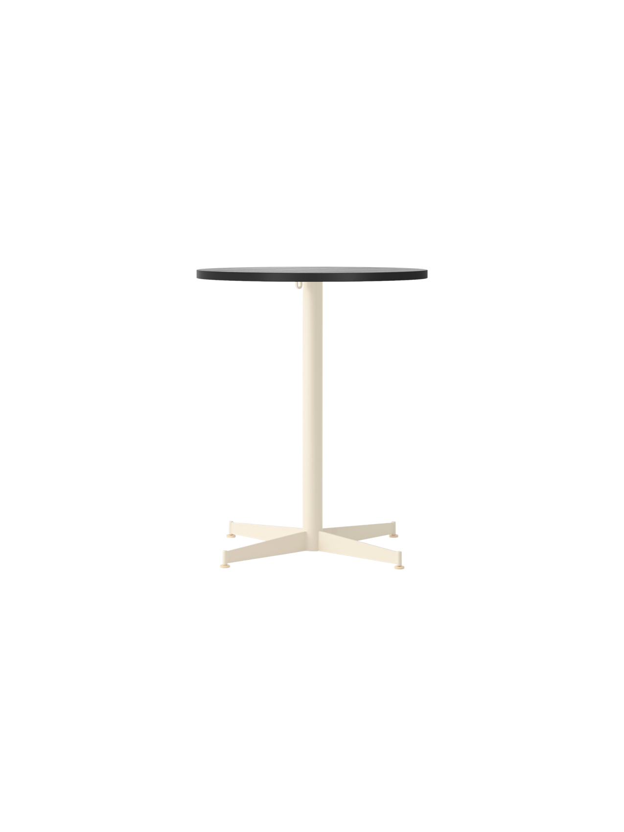 Front view of the Nook Dining Table with a round black oak top and an ivory powder-coated steel stem and four-star base.