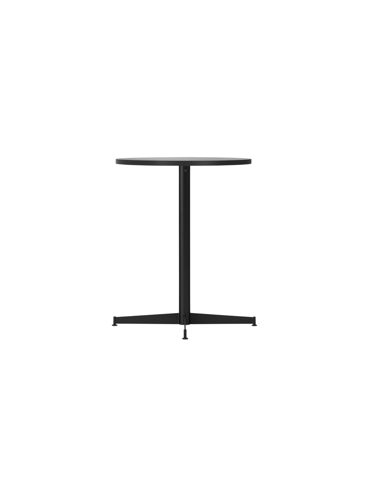 A side view of the Nook Dining Table with a round black oak top and slim, black four-star metal base on a black background.