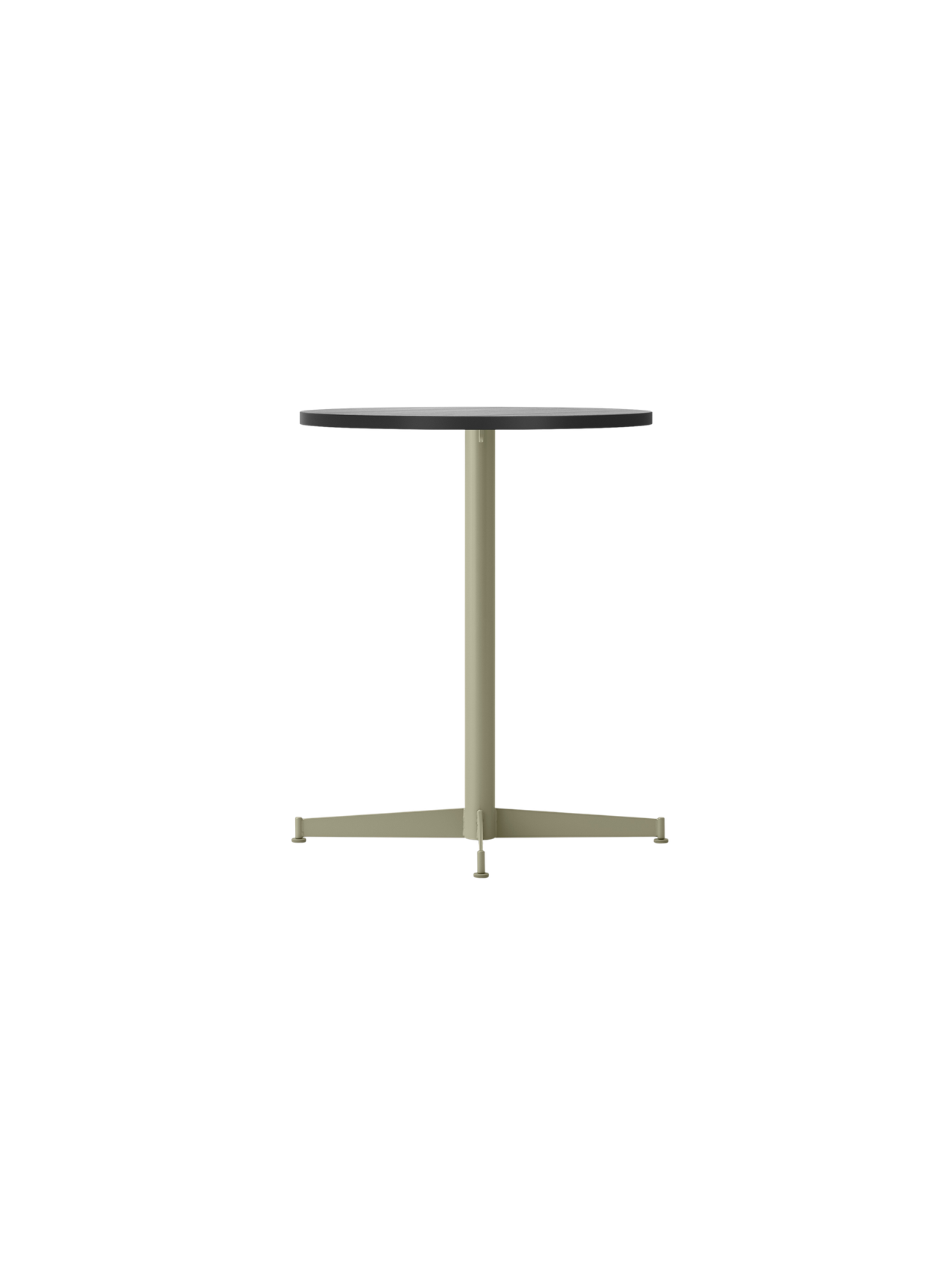 Angled view of the Nook Dining Table with a round black oak veneer top and an olive green powder-coated steel pedestal base.