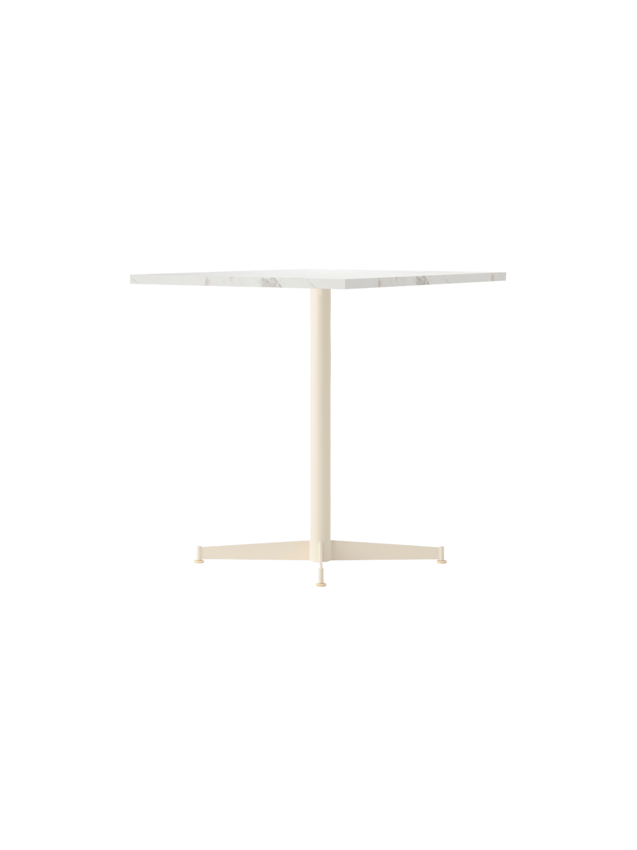 Front view of the Nook Dining Table, featuring a square Estremoz marble tabletop and a slim, ivory-coloured four-star base.