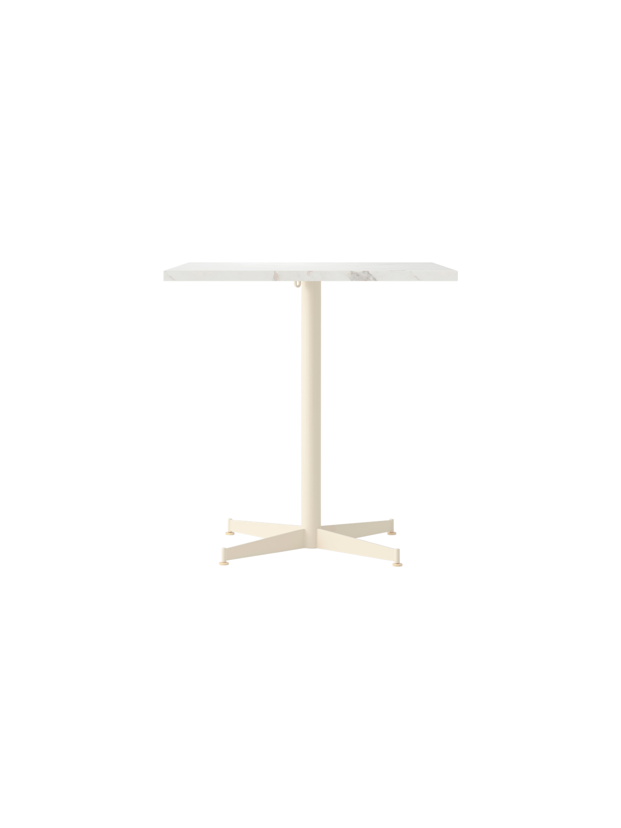 Front view of the Nook Dining Table with a rectangular Estremoz Marble top and an ivory powder-coated steel four-star base.