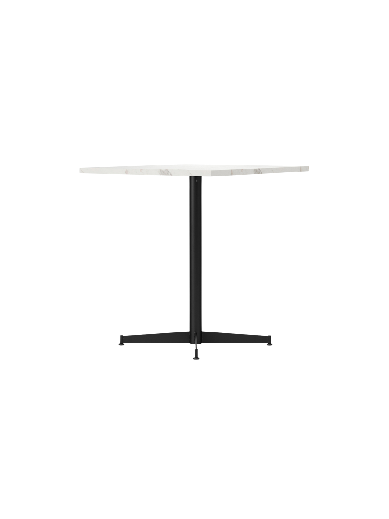 Nook Dining Table shown at an angle, with a square white marble top and a slender black powder-coated steel four-star base.