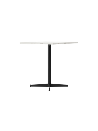 Nook Dining Table shown at an angle, with a square white marble top and a slender black powder-coated steel four-star base.