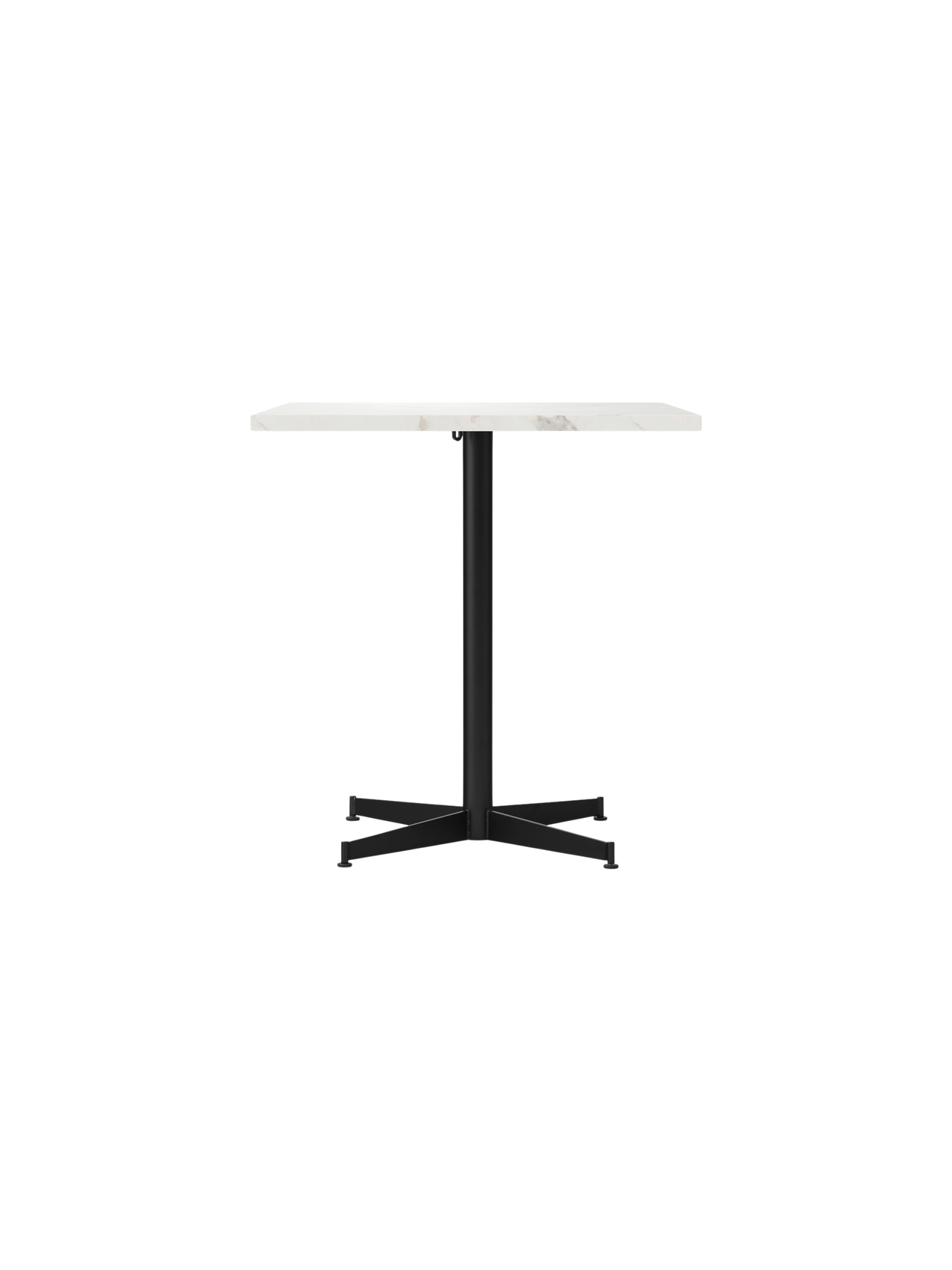 A front view of the Nook Dining Table featuring a rectangular white marble tabletop and a slim, black four-star metal base.