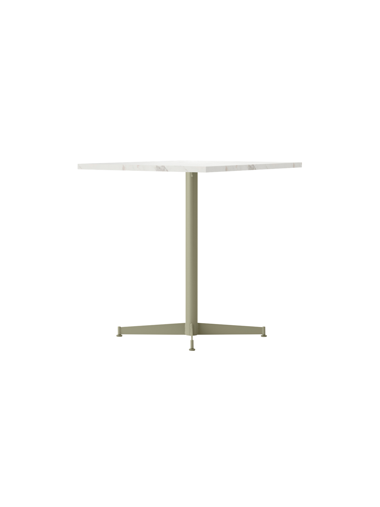 Side view of the Nook Dining Table, featuring a white marble tabletop and a slim, olive powder-coated steel four-star base.