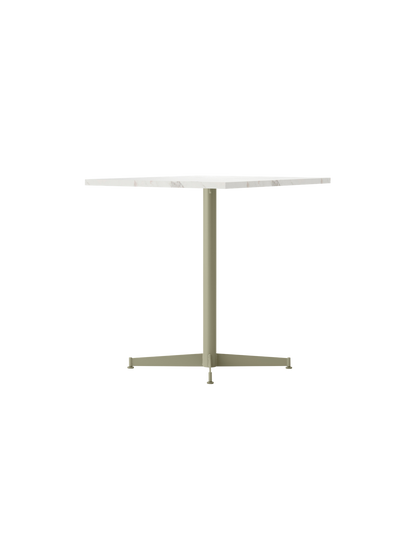 Side view of the Nook Dining Table, featuring a white marble tabletop and a slim, olive powder-coated steel four-star base.