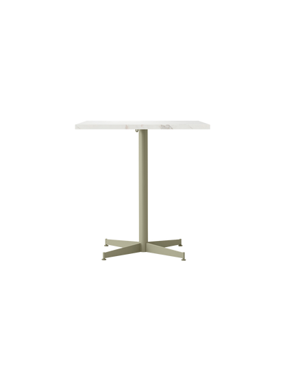 Front view of the Nook Dining Table with a rectangular light stone top with subtle veining and a slim, olive-coloured base.