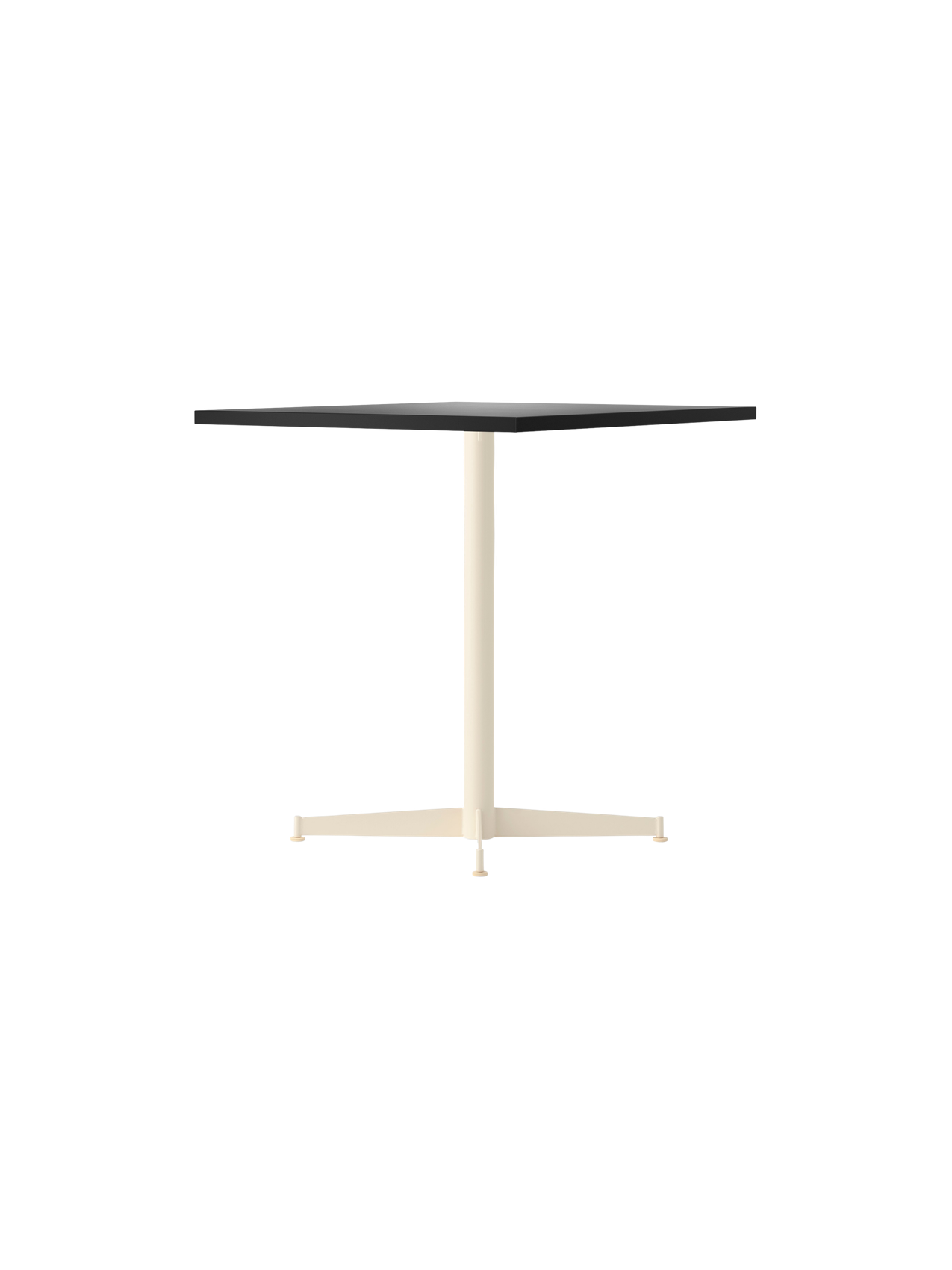The Nook Dining Table shown with a dark rectangular top and a slim, ivory-coloured, four-star pedestal base.