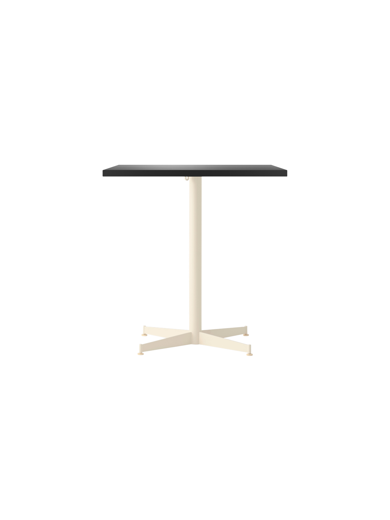 Front view of the Nook Dining Table with a rectangular charcoal linoleum top and an ivory powder-coated steel four-star base.