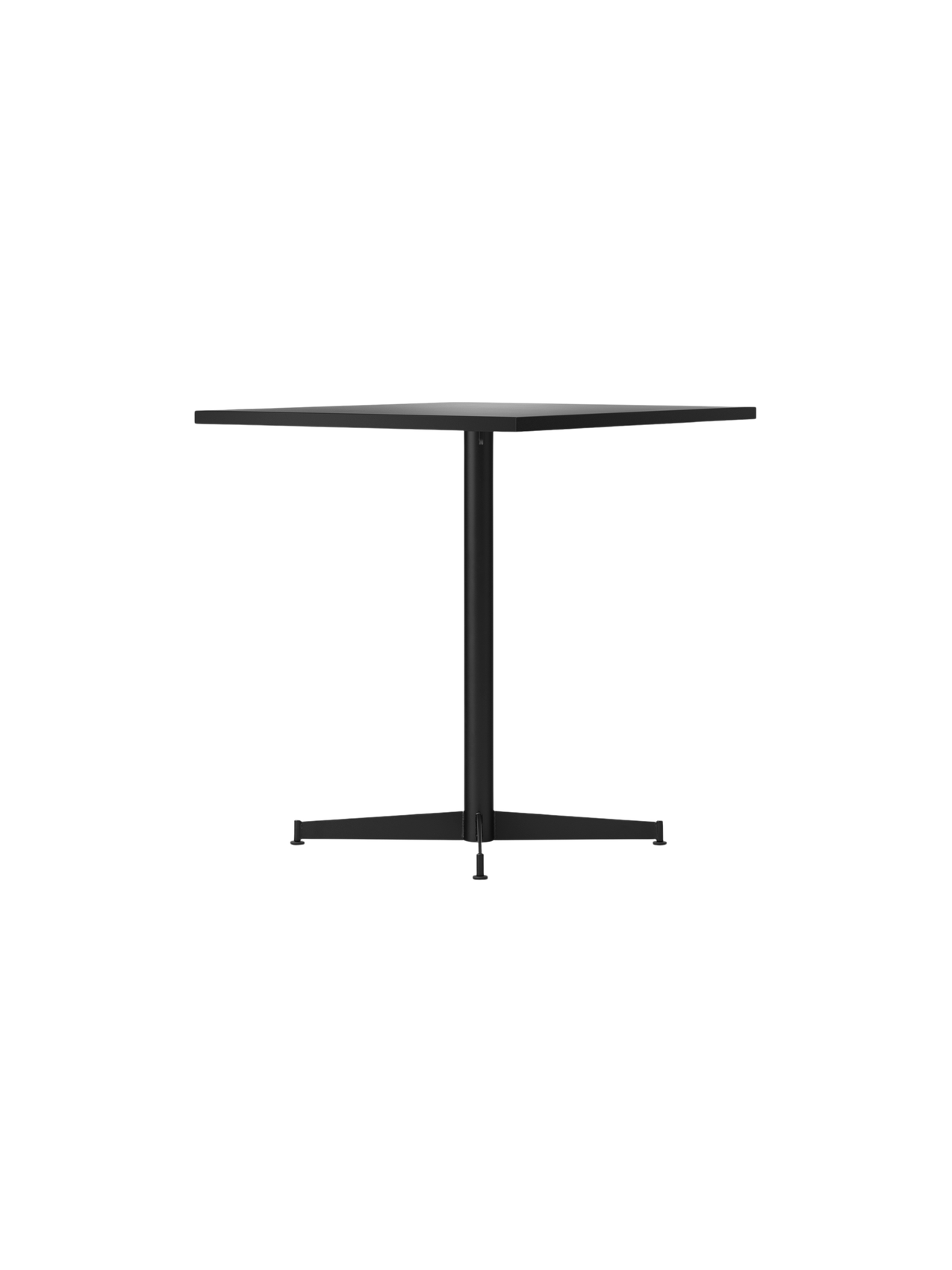 Angled view of the Nook Dining Table, showcasing its rectangular top and slender black powder-coated steel four-star base.