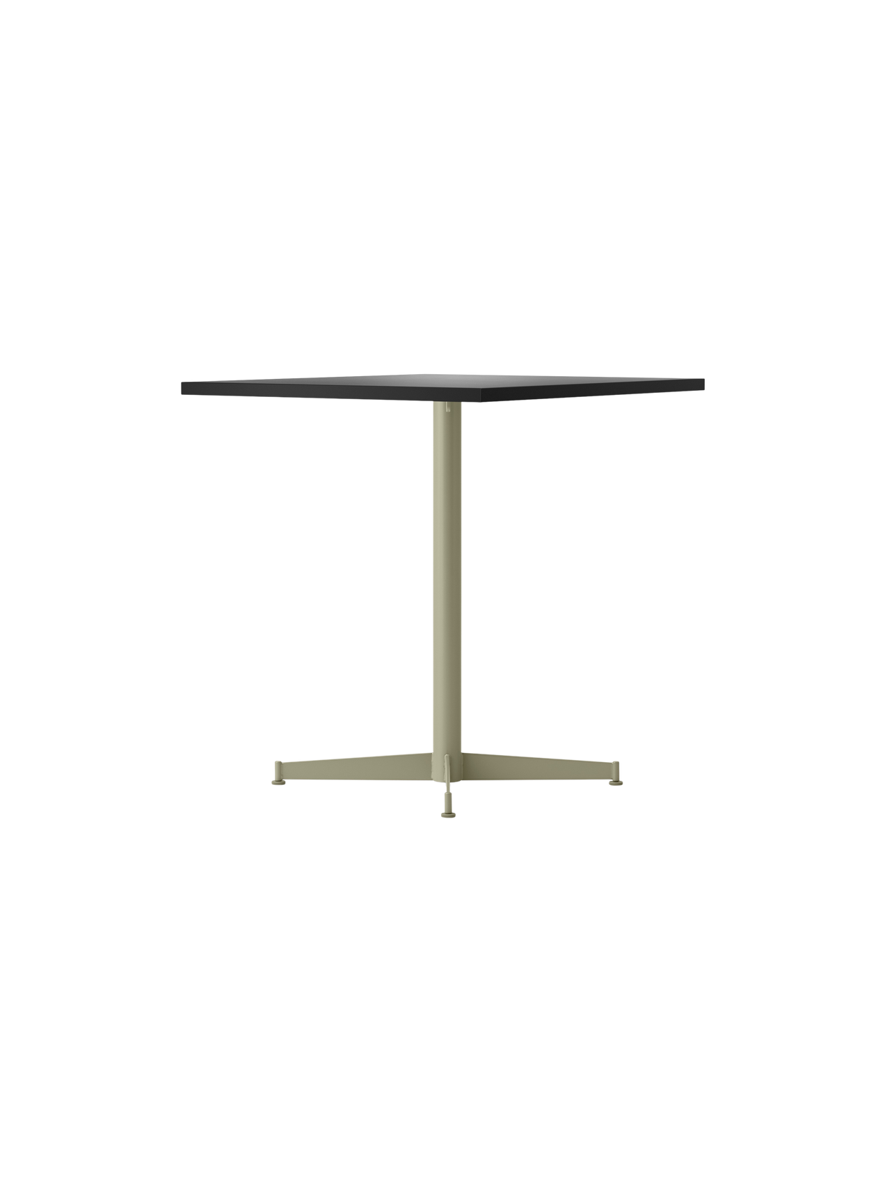 Side view of the Nook Dining Table, featuring a square dark grey top and a pale olive green single-stem, four-star base.