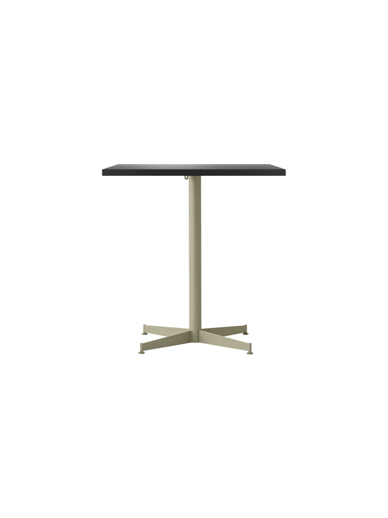Front view of the Nook Dining Table, featuring a rectangular dark top and a slim, olive-coloured four-star pedestal base.