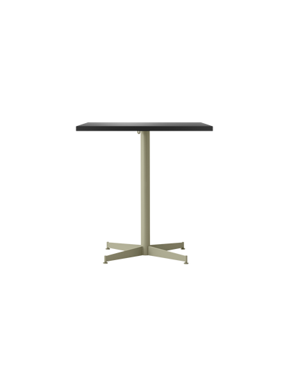 Front view of the Nook Dining Table, featuring a rectangular dark top and a slim, olive-coloured four-star pedestal base.