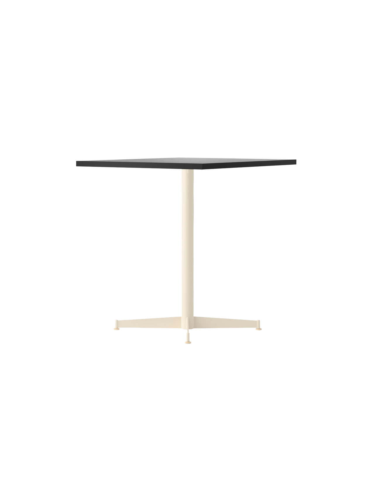 Angled view of the Nook Dining Table with a square charcoal linoleum top and a slim, ivory-coloured, four-star steel base.