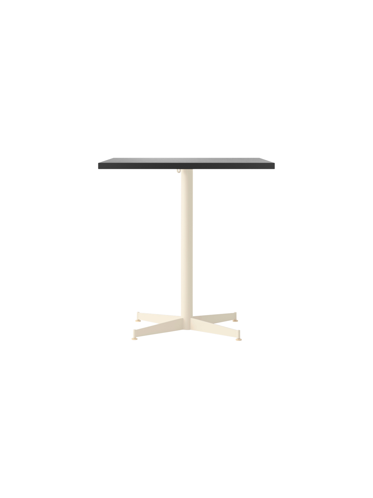 The Nook Dining Table with a rectangular charcoal linoleum tabletop on a slim, ivory, four-star base.