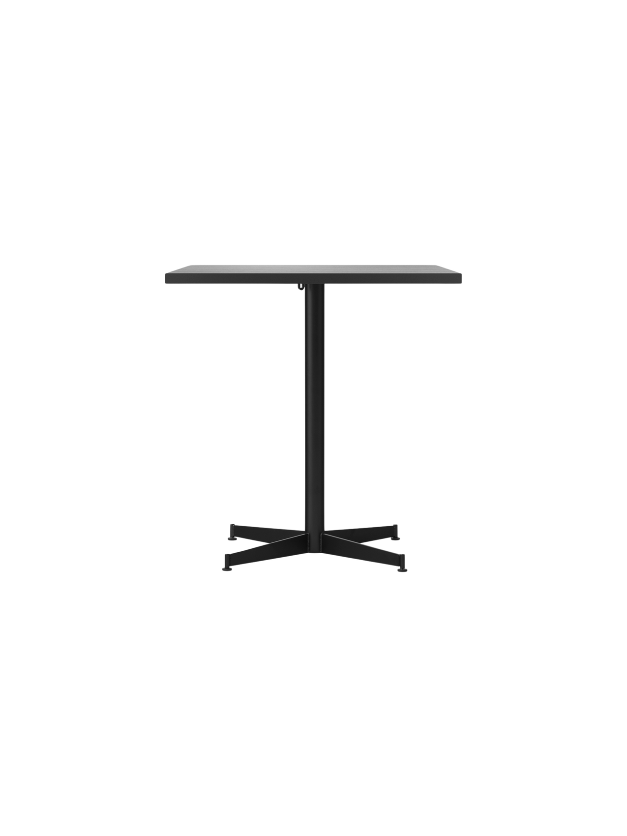 Front view of the Nook Dining Table with a rectangular stone tabletop and a slim, black powder-coated steel four-star base.