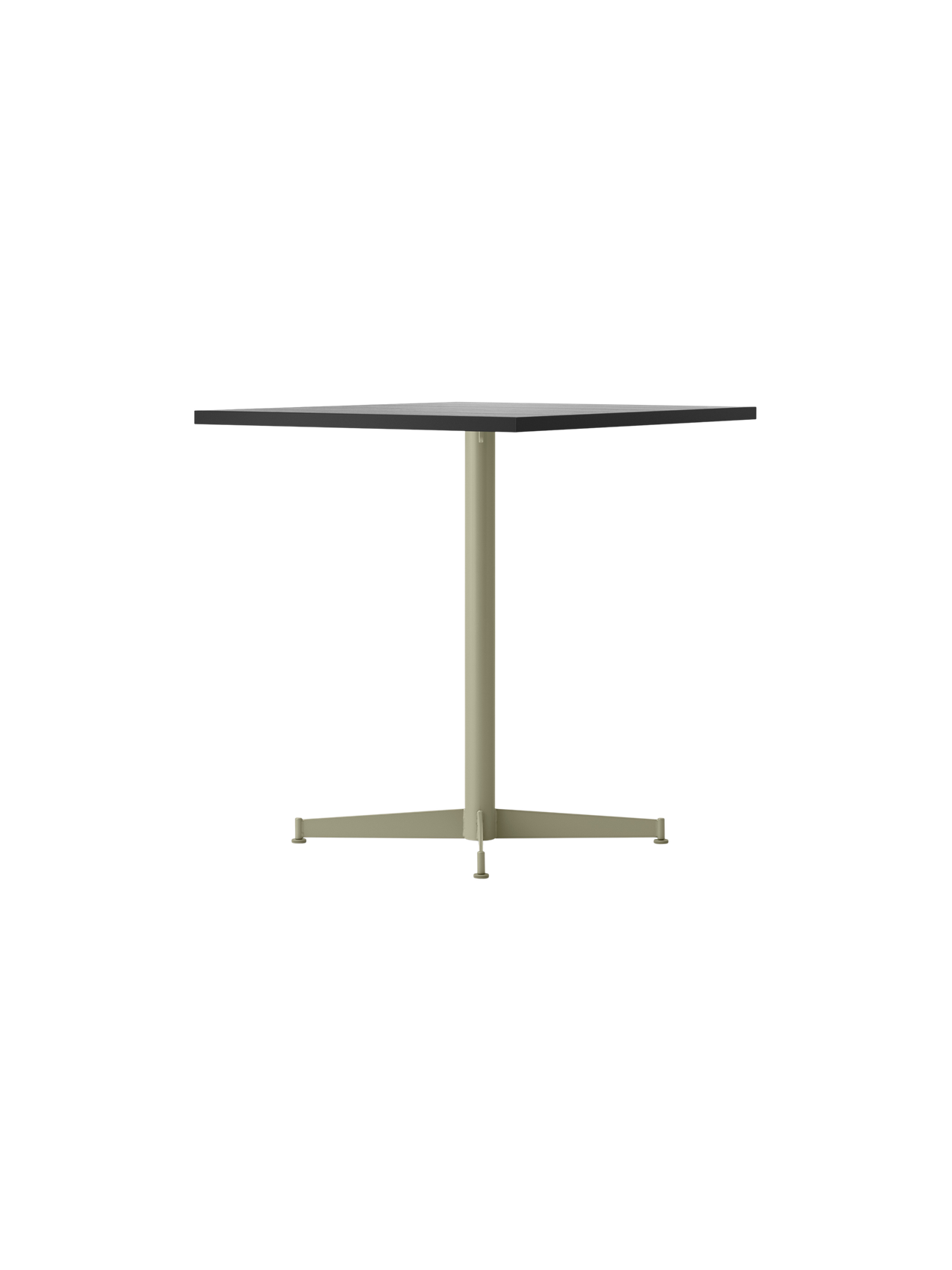 A side view of the Nook Dining Table, with a dark square tabletop and an ivory powder-coated steel base with four legs.