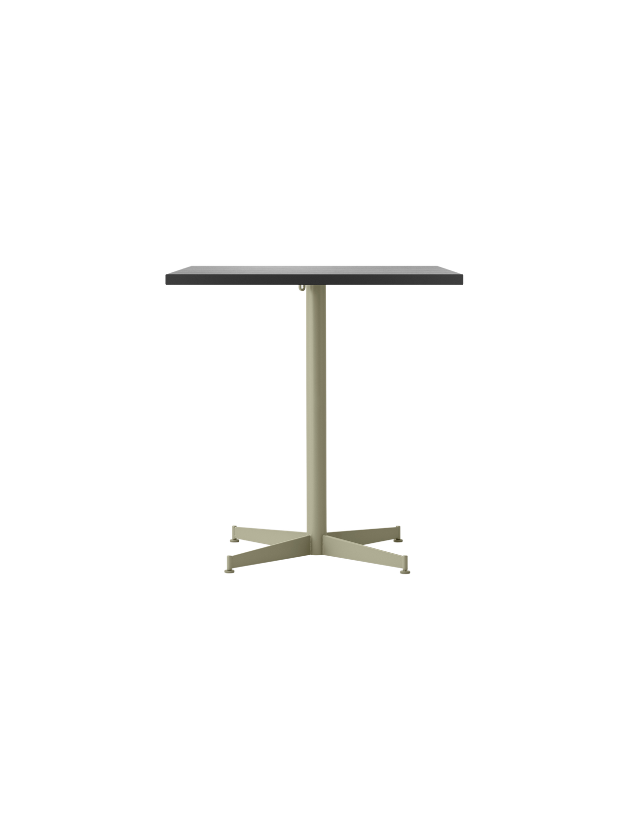 Front view of the Nook Dining Table, which has a rectangular charcoal-coloured top and a slim, olive-coloured four-star base.