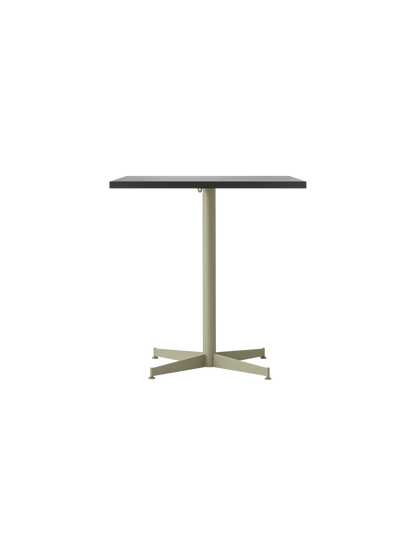 Front view of the Nook Dining Table, which has a rectangular charcoal-coloured top and a slim, olive-coloured four-star base.