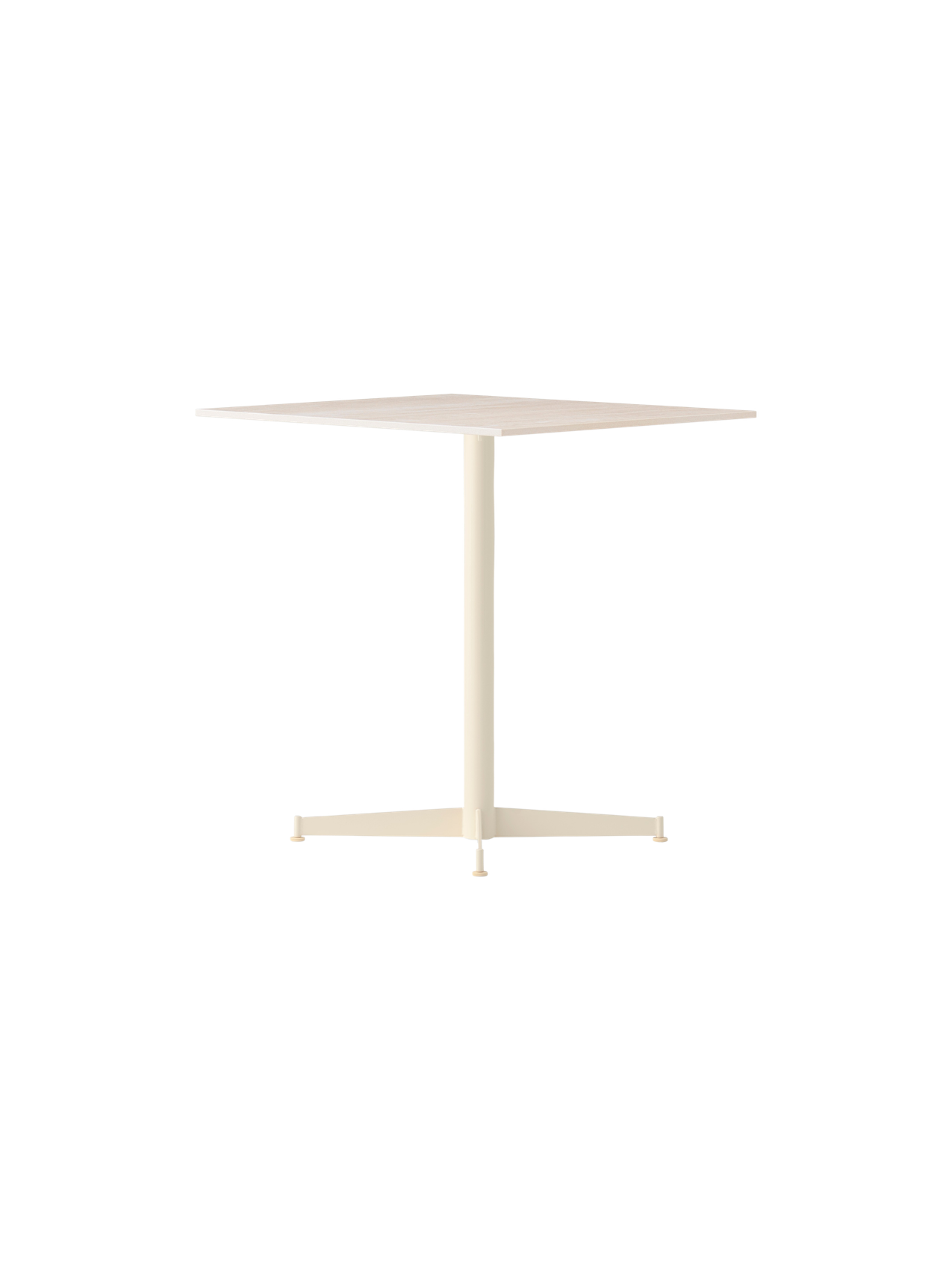 Angle view of the ivory Nook Dining Table, which has a square top, a single central stem, and a slim, four-star base.