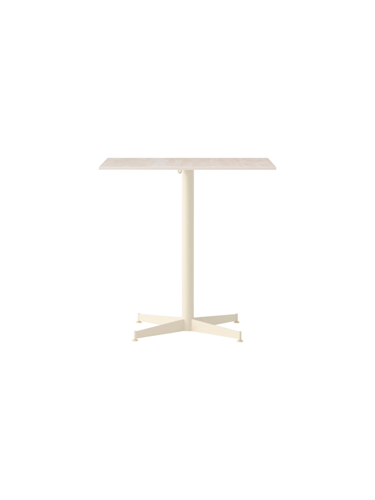 Front view of the Nook Dining Table with a rectangular Kunis Breccia stone top and ivory powder-coated steel four-star base.