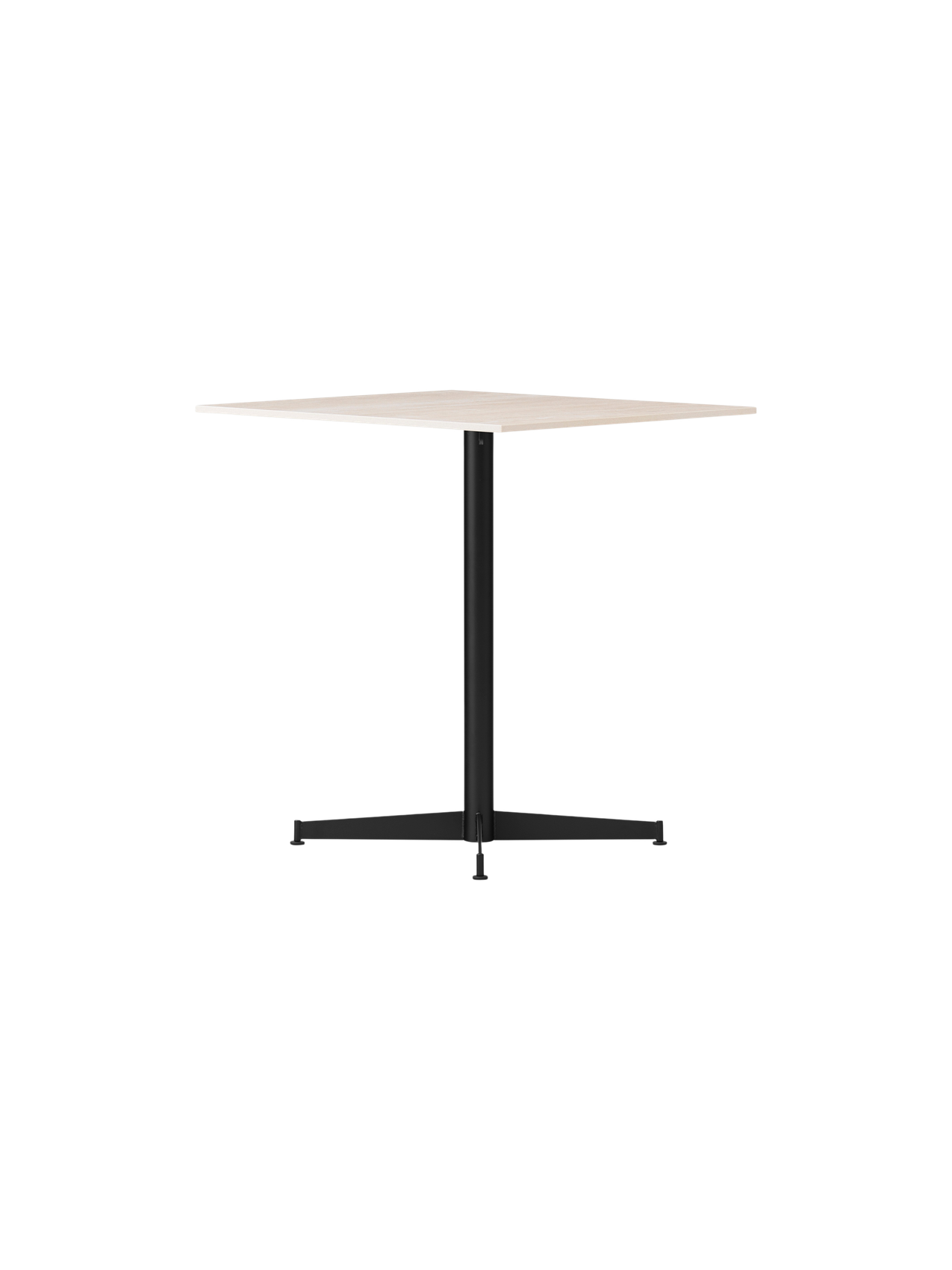 Angled view of the Nook Dining Table with a square, light-coloured top and black powder-coated steel four-star base.