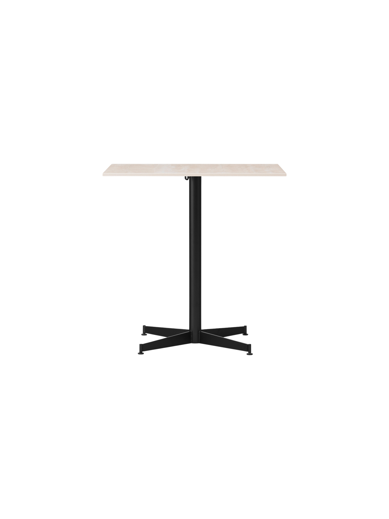 A front view of the Nook Dining Table, featuring a rectangular light-coloured stone top and a black powder-coated steel base.