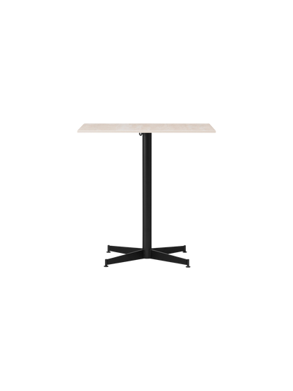 A front view of the Nook Dining Table, featuring a rectangular light-coloured stone top and a black powder-coated steel base.
