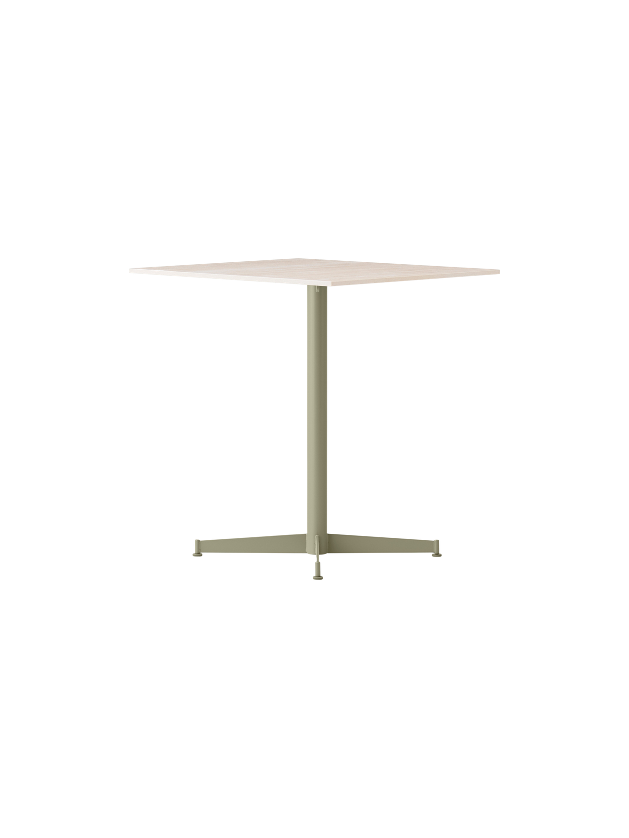 Angled view of the Nook Dining Table with a square, light stone top and a slim, olive green, four-star pedestal base.