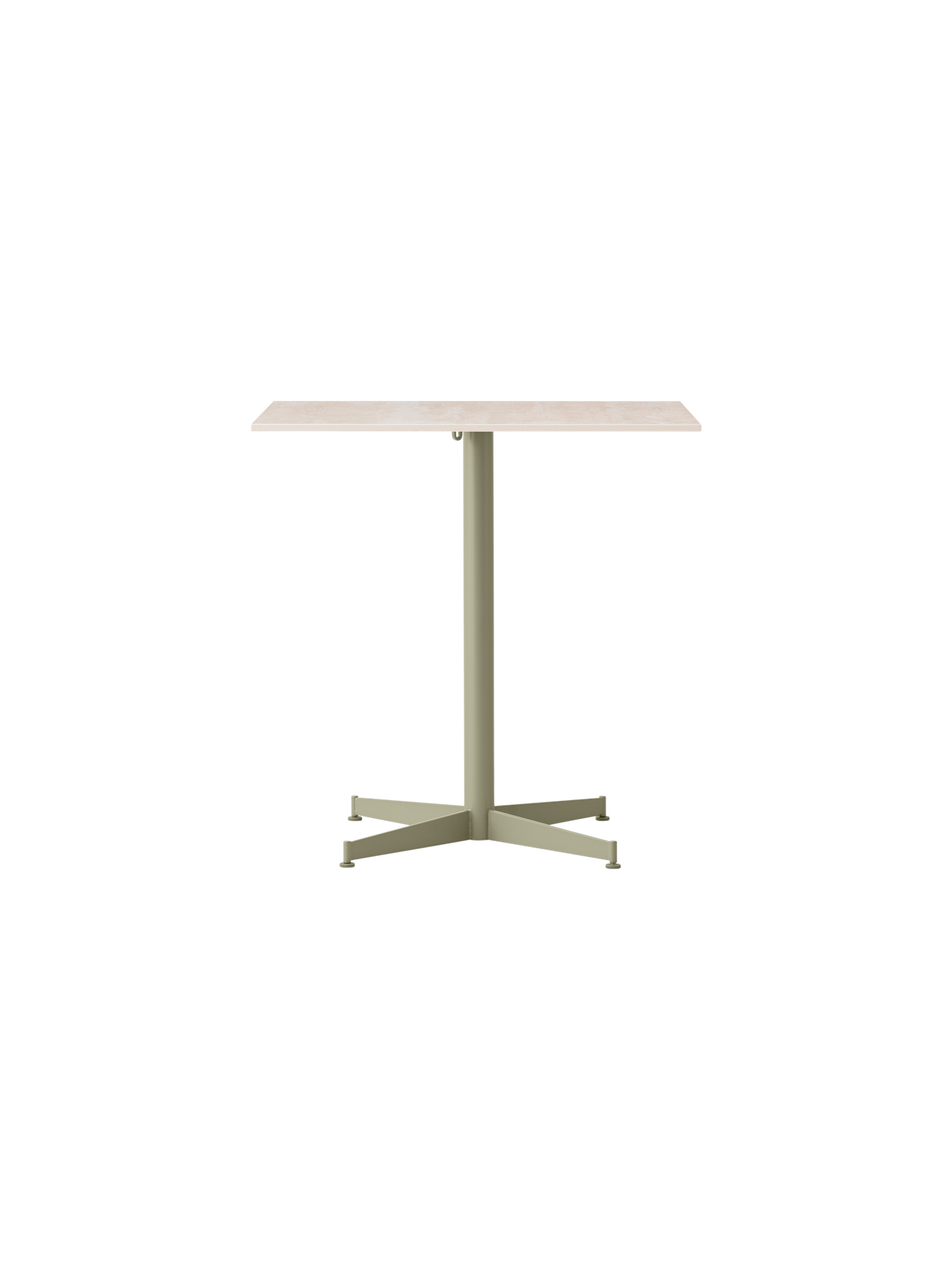 Front view of the rectangular Nook Dining Table with a light-coloured stone top and an olive powder-coated, four-star base.