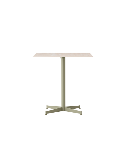 Front view of the rectangular Nook Dining Table with a light-coloured stone top and an olive powder-coated, four-star base.