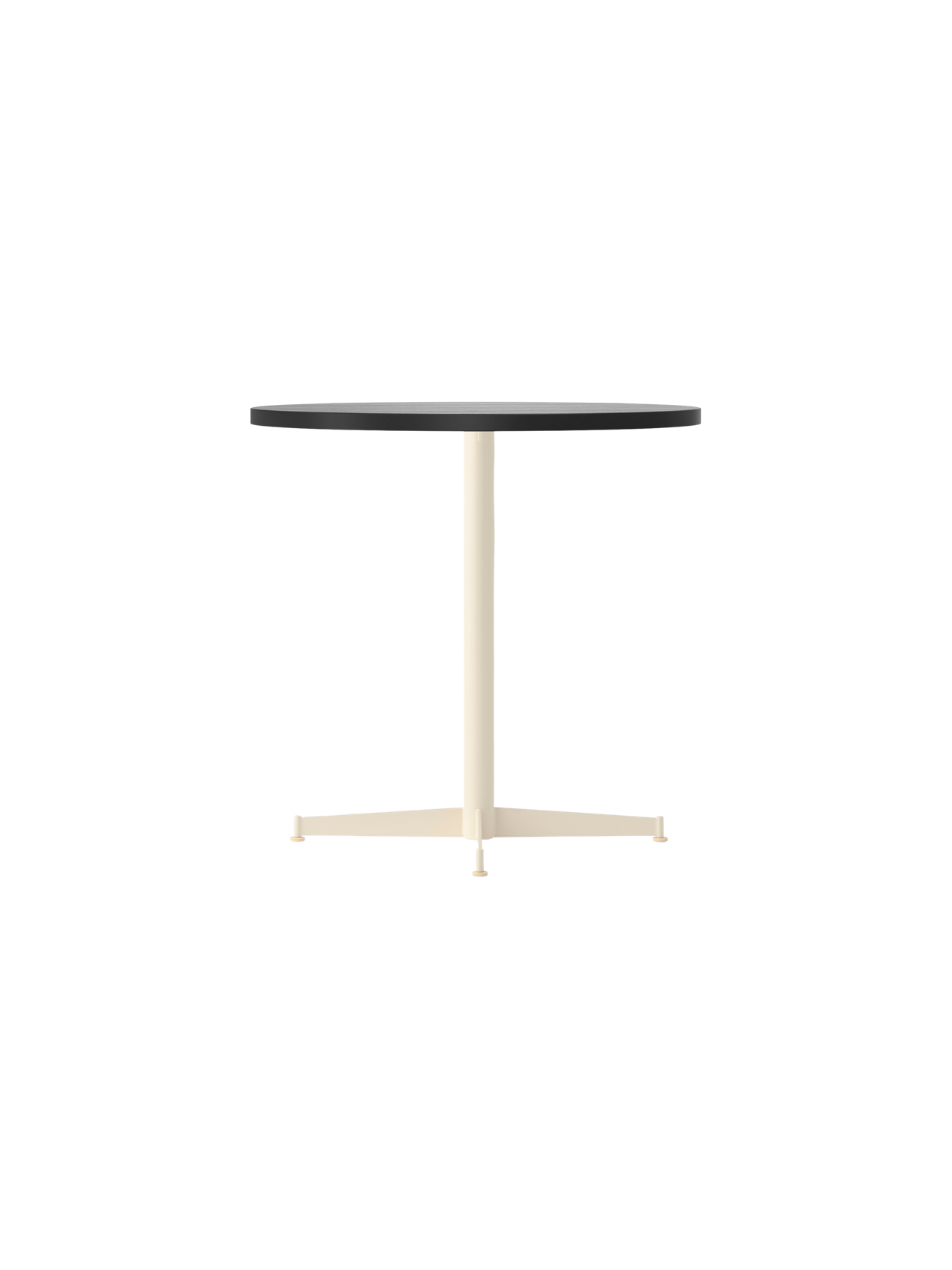 Angle view of the Nook Dining Table with a charcoal linoleum top and an ivory powder-coated steel four-star pedestal base.