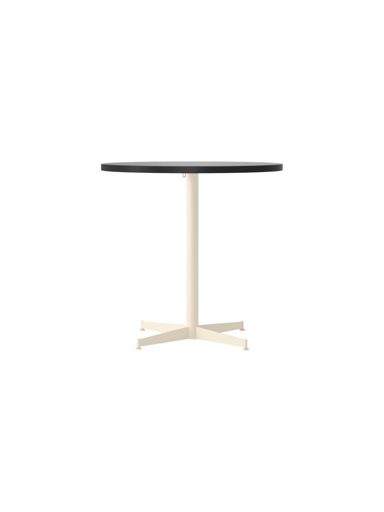Front view of the round Nook Dining Table, featuring a dark top and a contrasting ivory-coloured, four-star pedestal base.