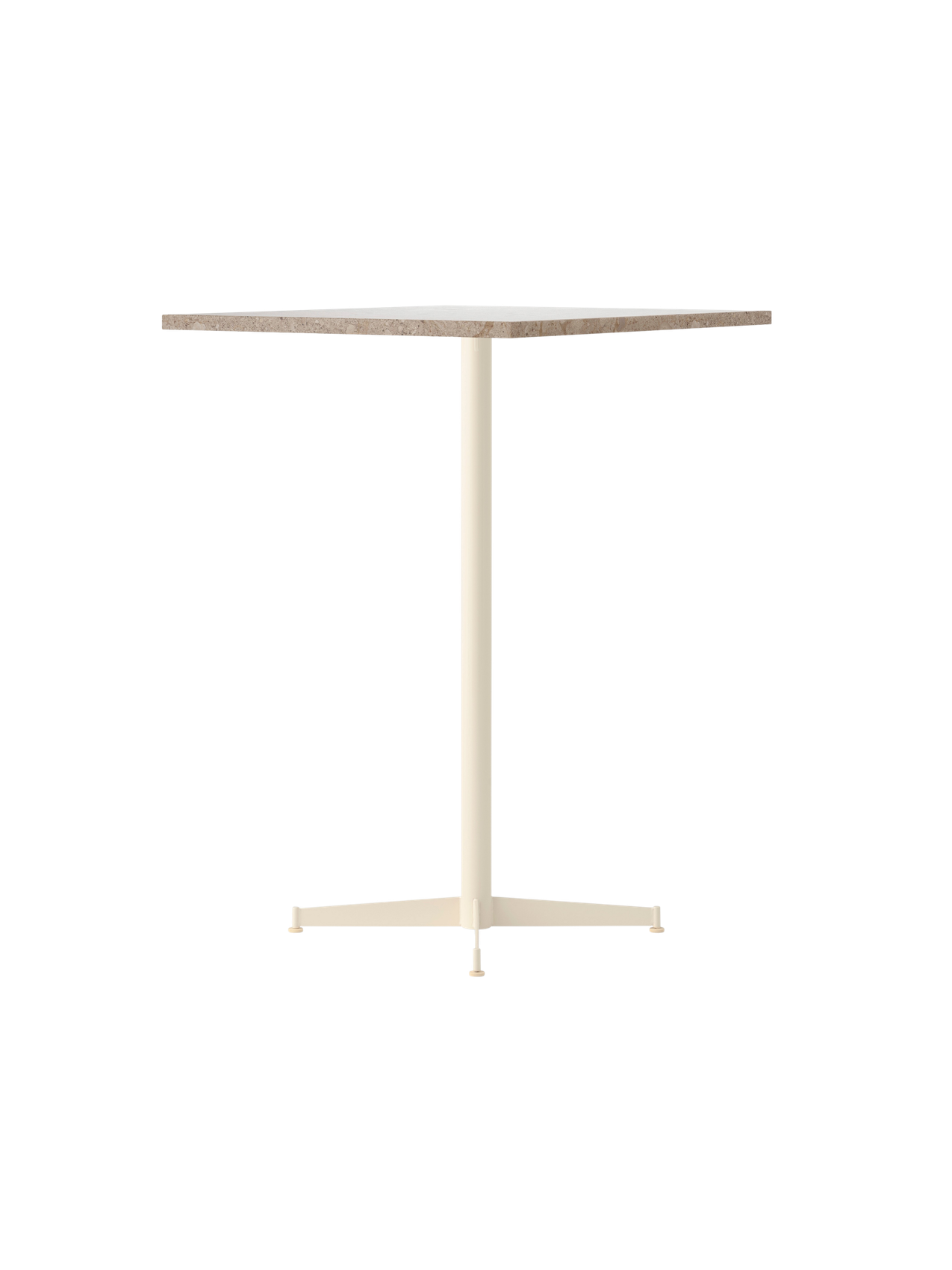 An angled view of the Nook Bar Table with a round Kunis Breccia stone top and a slender ivory-coloured pedestal base.