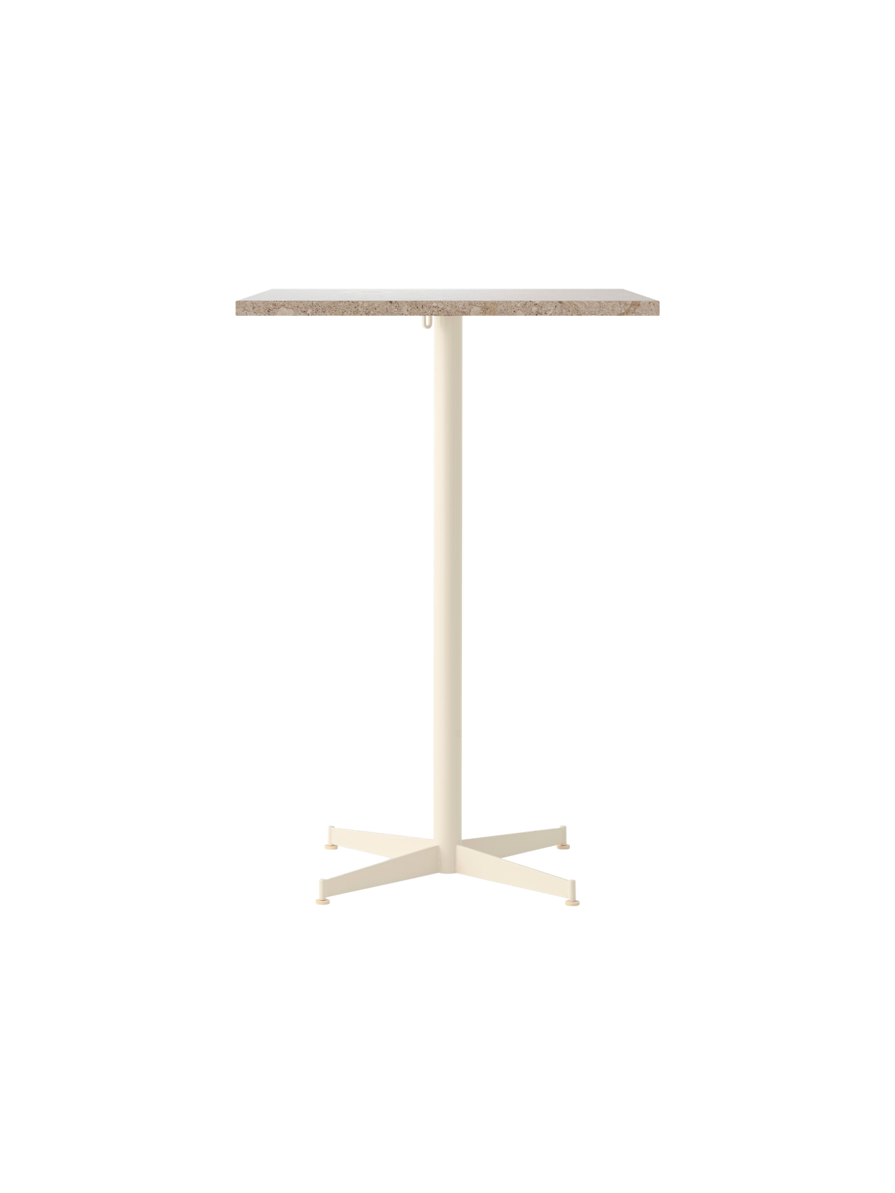 Front view of the Nook Bar Table, with a rectangular Kunis Breccia stone top and a slender, ivory powder-coated steel base.