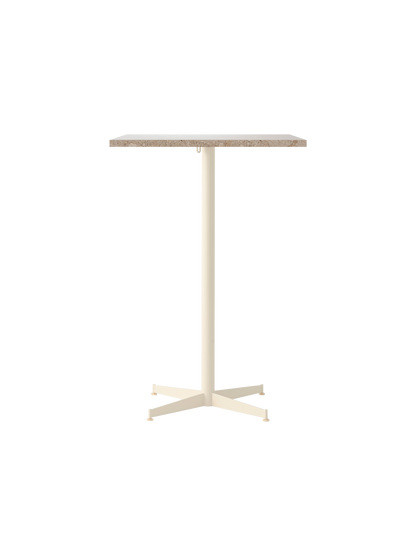Front view of the Nook Bar Table, with a rectangular Kunis Breccia stone top and a slender, ivory powder-coated steel base.