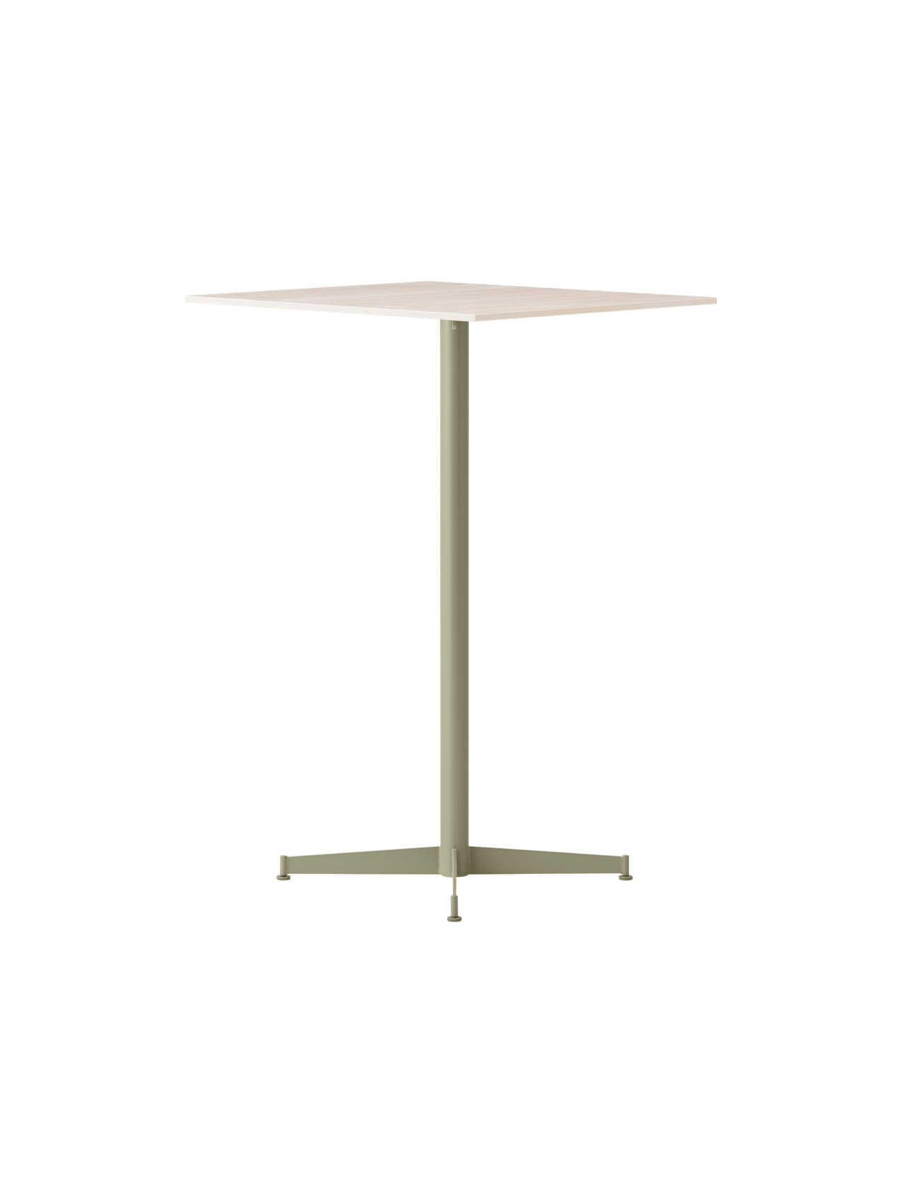 An angle view of the Nook Bar Table, featuring an olive-coloured pedestal base with four legs and a light, square tabletop.
