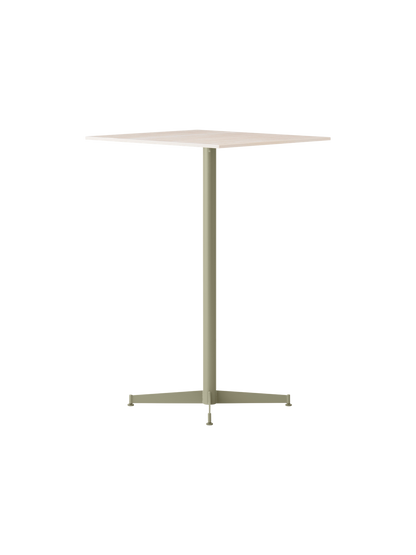 An angle view of the Nook Bar Table, featuring an olive-coloured pedestal base with four legs and a light, square tabletop.