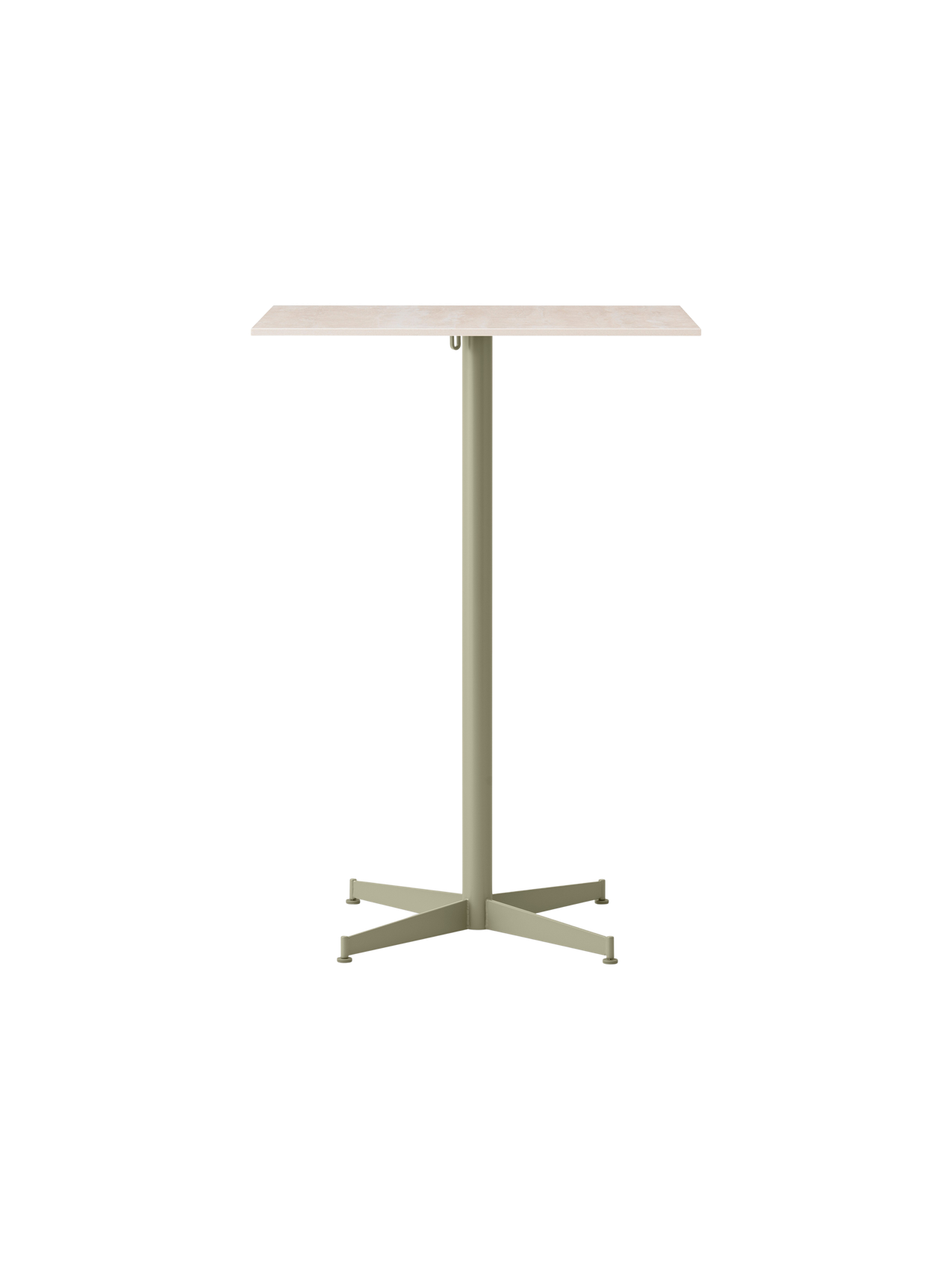 Front view of the Nook Bar Table with a rectangular light-coloured top and an olive green steel base with four feet.