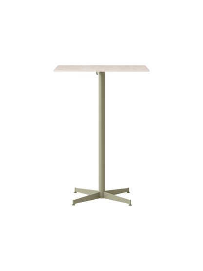 Front view of the Nook Bar Table with a rectangular light-coloured top and an olive green steel base with four feet.