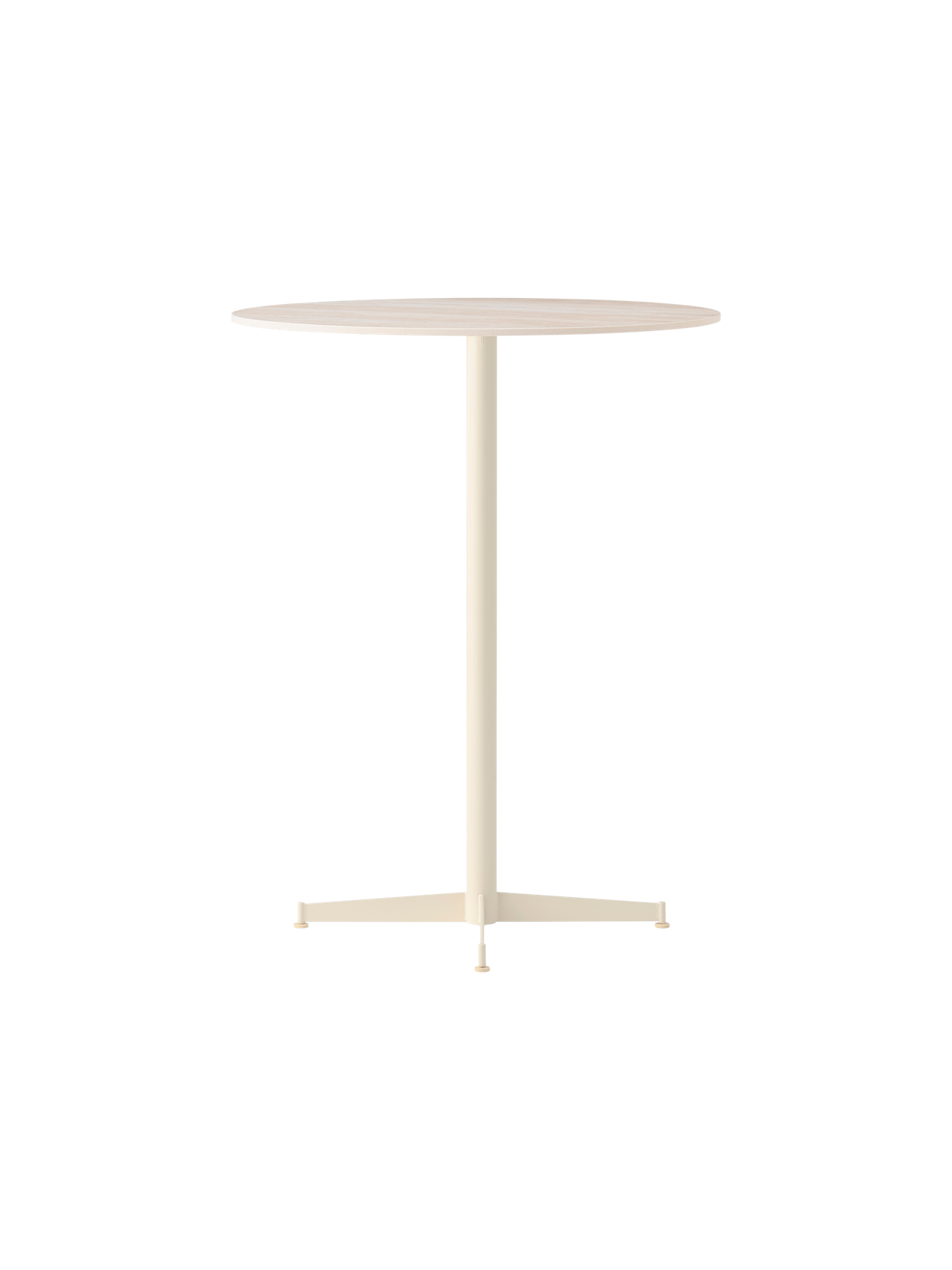 Angled Nook Bar Table with a round top and slender, four-legged ivory base against a black background.